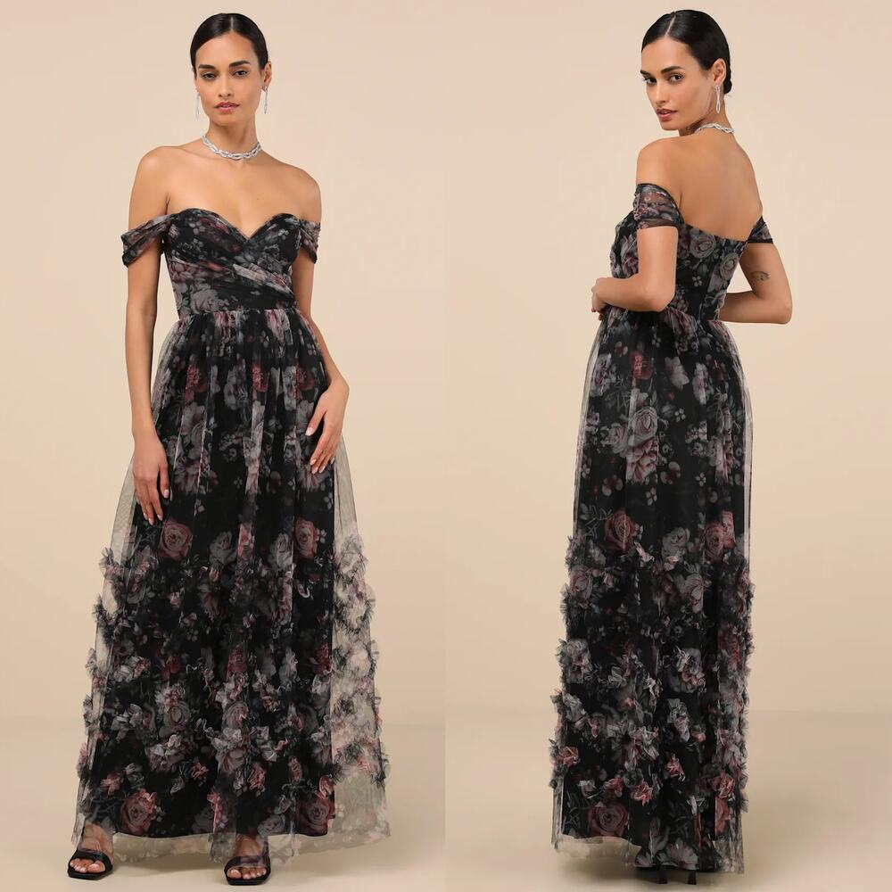 NWT Lulus Ideal Beauty Dress Floral Mesh Off The Shoulder Maxi Black Size XL